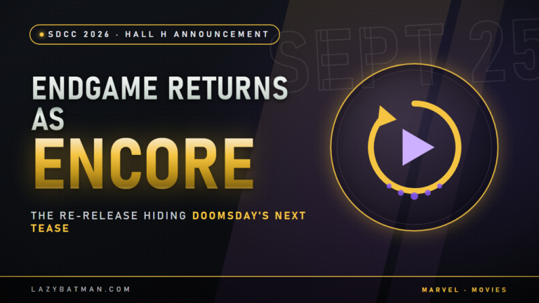 Endgame Encore - replay emblem on gold and purple (SDCC 2026 announcement)