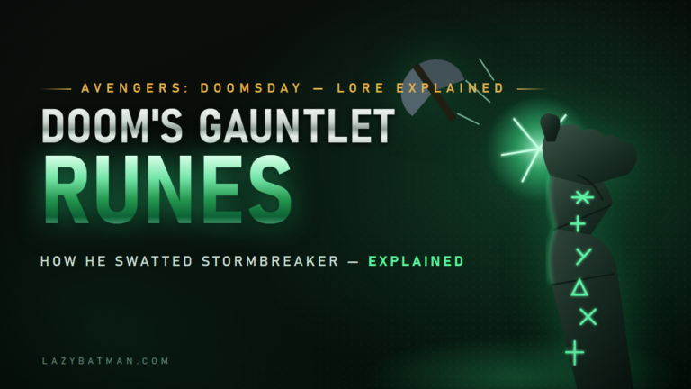 Doom gauntlet runes explained - armored gauntlet with glowing green sorcery runes deflecting Stormbreaker (Avengers: Doomsday)