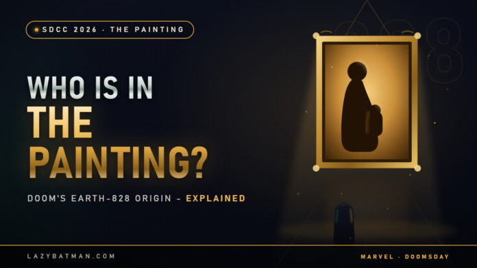 Doomsday painting theory - a lone caped figure before a glowing gold-framed painting of a mother and child (Earth-828)