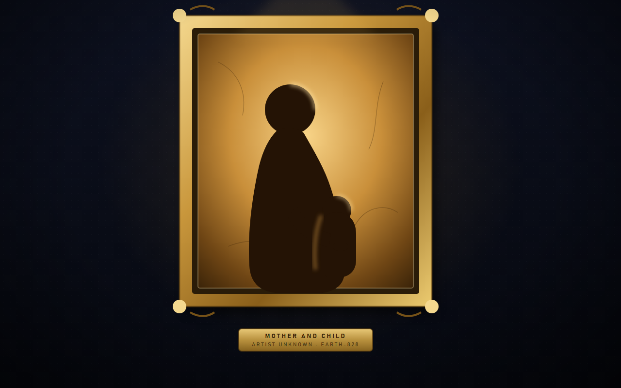 The Doomsday painting recreated - a gold-framed mother and child portrait with a plaque reading Artist Unknown, Earth-828