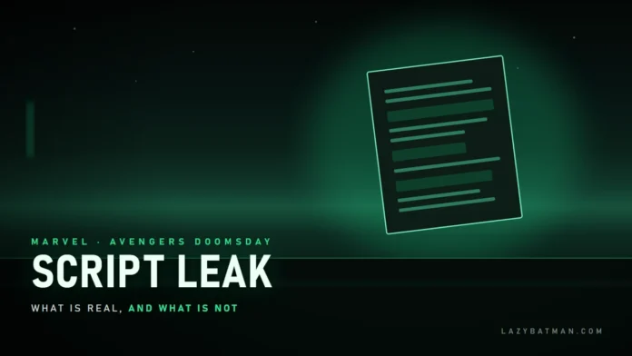 Avengers Doomsday script leak art, a redacted screenplay page glowing green