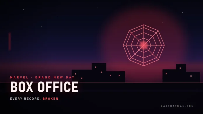 Spider-Man Brand New Day box office records art, a glowing web over a night skyline