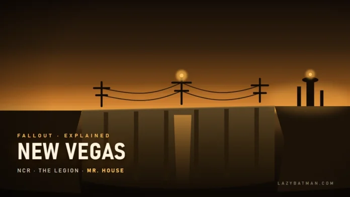 Fallout New Vegas explained Fallout New Vegas art showing Hoover Dam and power lines with the Strip glowing beyond