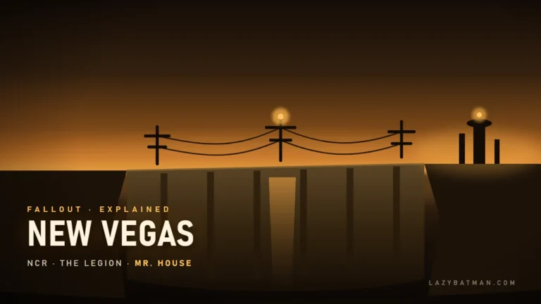 Fallout New Vegas art showing Hoover Dam and power lines with the Strip glowing beyond