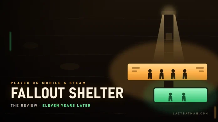 Fallout Shelter review 2026 Fallout Shelter review art showing a lit underground vault room with dwellers and a surface light shaft