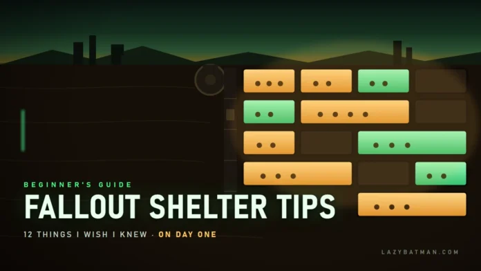 Fallout Shelter tips guide art showing a vault cutaway of merged rooms under the wasteland