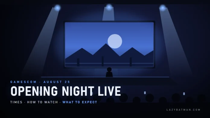 Gamescom Opening Night Live stage with spotlights and a trailer playing on the big screen