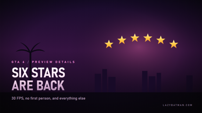 GTA 6 details artwork: six gold wanted stars arcing over a neon Vice City skyline at dusk
