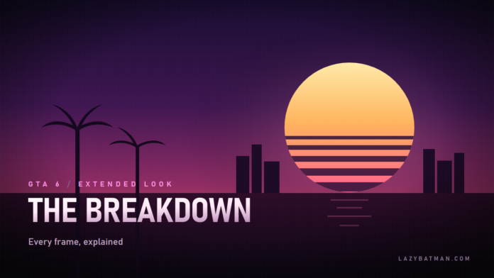 GTA 6 Extended Look breakdown artwork: a synthwave Vice City sunset over Leonida with palms and a neon skyline