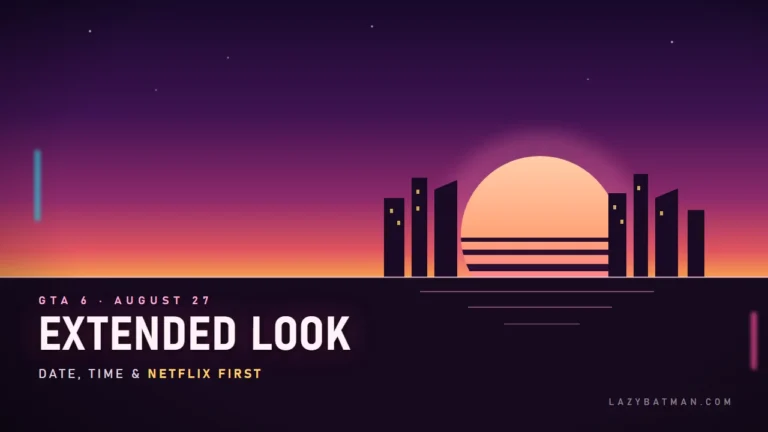 GTA 6 Extended Look art showing a neon Vice City skyline at sunset