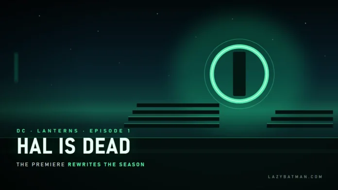 Lanterns episode 1 recap art, a green lantern ring over snowbound bleachers