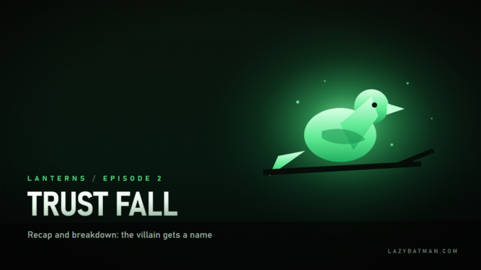 Lanterns episode 2 recap art: John Stewart's glowing green bird construct perched on a bare branch in the dark