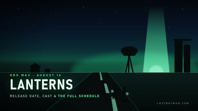 Lanterns release date art showing two Green Lanterns on a Nebraska road under a green beam