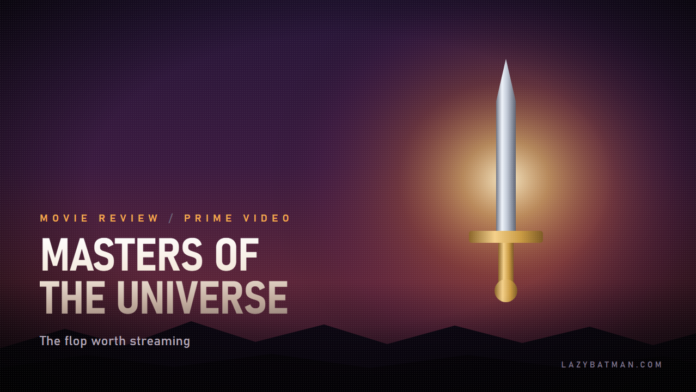 Masters of the Universe review artwork: the Power Sword raised against an Eternia dusk sky with a golden burst behind it