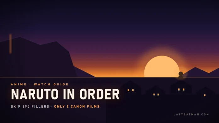 Naruto watch order art showing a hidden village at dusk with a lone figure on a rooftop