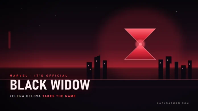 New Black Widow art showing the red hourglass emblem over a night skyline