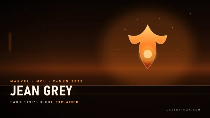 Sadie Sink Jean Grey art, a flame emblem rising over a dark horizon