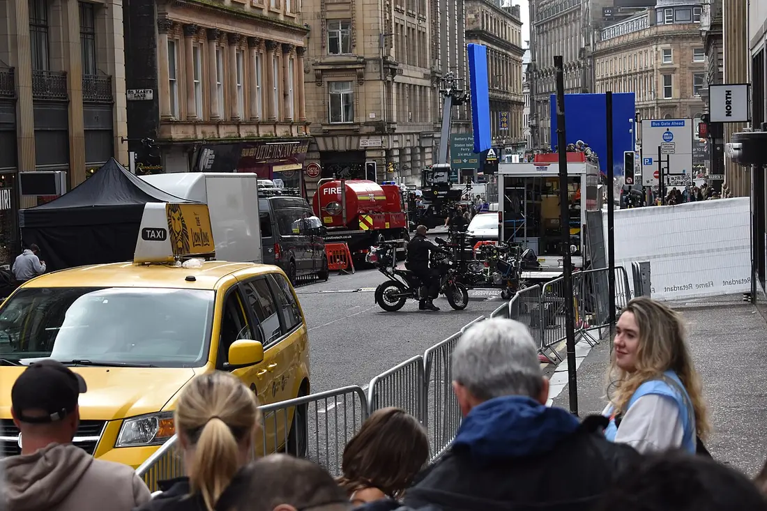 Spider-Man Brand New Day film set dressed as New York, with a yellow taxi and camera rig