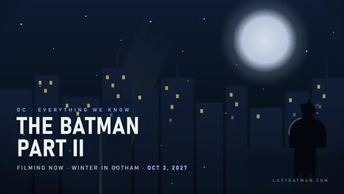 The Batman Part II - snowy Gotham night skyline with a caped silhouette watching from a rooftop