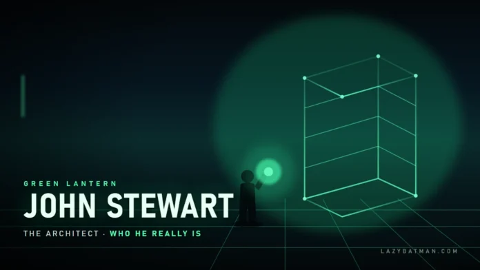 Who is John Stewart art showing the Green Lantern building a glowing green architectural construct