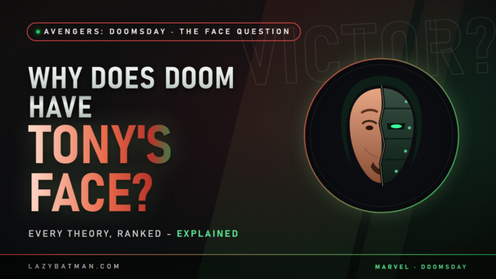 Why does Doom have Tony Stark's face - split emblem of a human face and green Doom mask under one hood