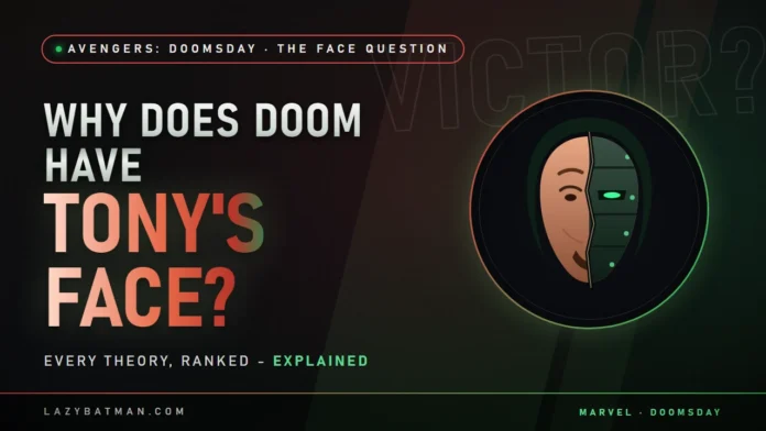 Why does Doom have Tony Stark's face - split emblem of a human face and green Doom mask under one hood