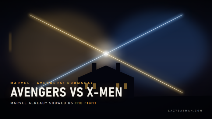 Avengers vs X-Men art: gold and blue light beams crossing over the X-Mansion at night