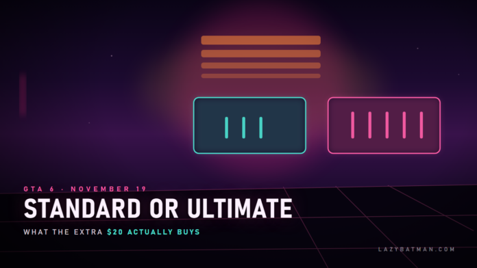 GTA 6 Ultimate Edition art: two neon edition plates under a Vice City sunset and a synthwave grid