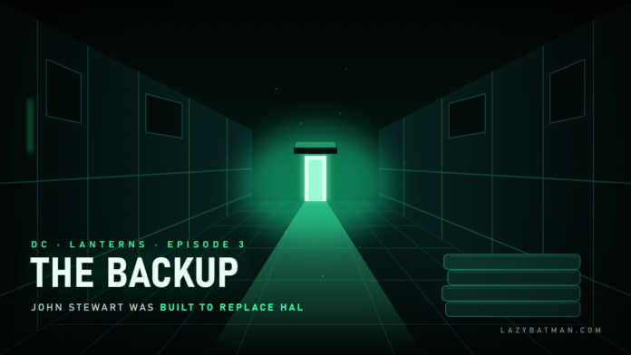 Lanterns episode 3 recap art: an abandoned mall corridor with one lit office door glowing green and a stack of mattresses