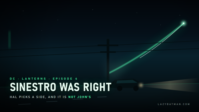 Lanterns episode 4 recap art: a wrecked car at the foot of a telephone pole at night as a green streak flies away
