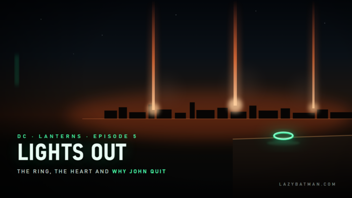 Lanterns episode 5 recap featured image: a green ring left on a bar while orbital strikes hit Rushville