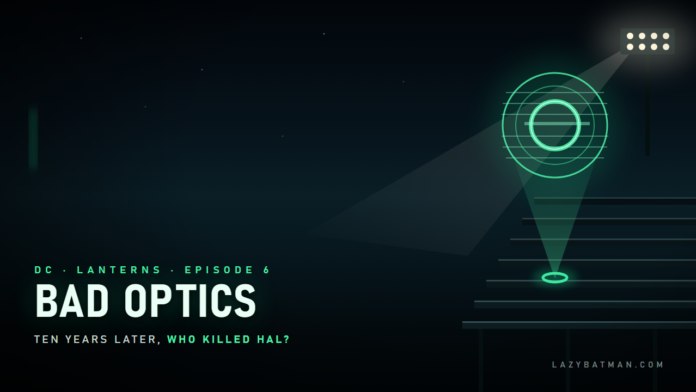 Lanterns episode 6 recap featured image: a green ring on stadium bleachers projecting a hologram