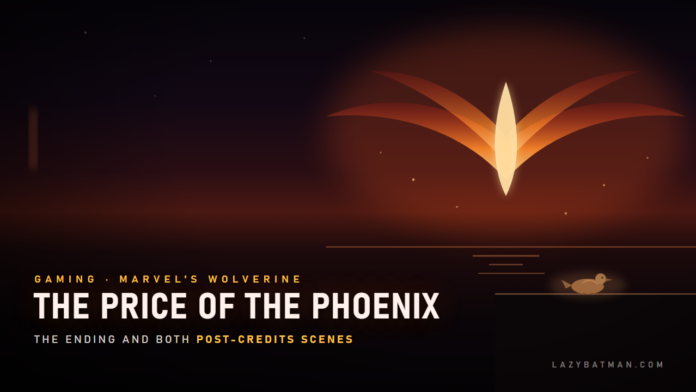Marvel's Wolverine ending explained featured image: phoenix wings of fire over the sea and a carved wooden bird on a rooftop ledge