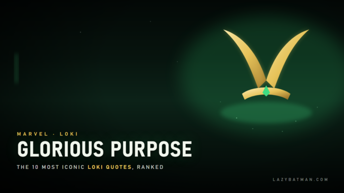 Loki quotes featured image: Loki's golden horned crown glowing over a green light