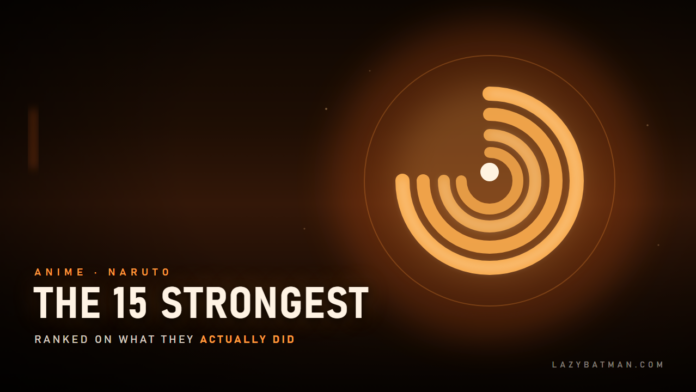 Strongest Naruto characters art: an orange Uzumaki spiral glowing on a dark background