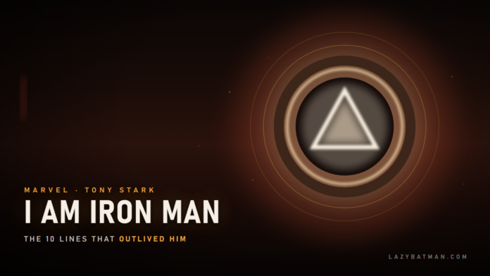 Tony Stark quotes art: a glowing arc reactor with a triangle core on a dark red field