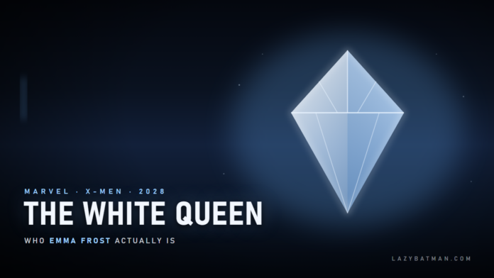 Who is Emma Frost art: a large faceted diamond glowing pale blue on a dark navy field