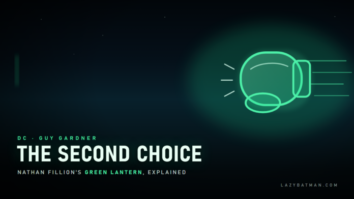 Who is Guy Gardner featured image: a glowing green boxing glove construct flying toward the viewer
