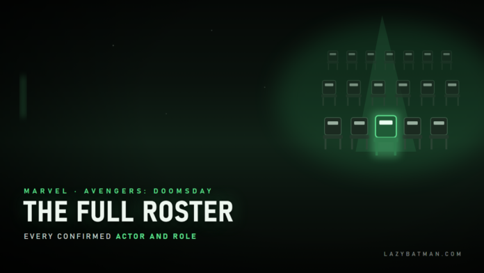 Avengers Doomsday cast featured image: rows of chairs with name cards, one glowing green under a spotlight