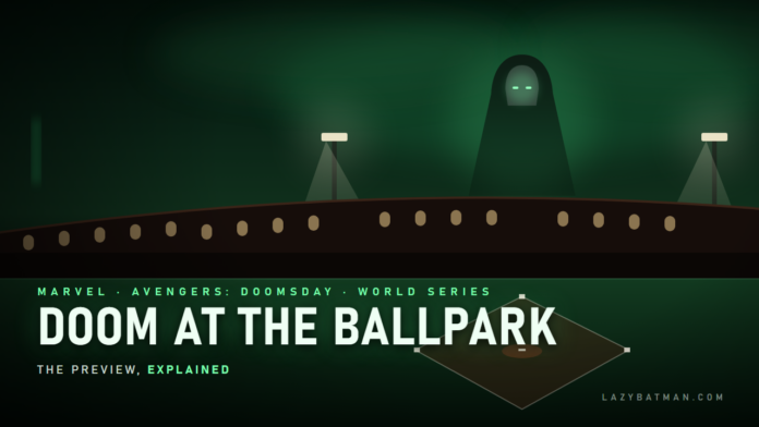 Doomsday World Series preview illustration: Doctor Doom looming over a retro ballpark under a green storm sky
