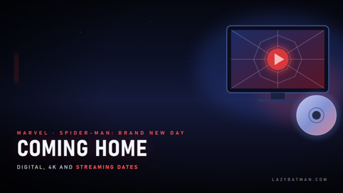 Brand New Day digital release featured image: a screen with a red play button over a web pattern, beside a glowing disc