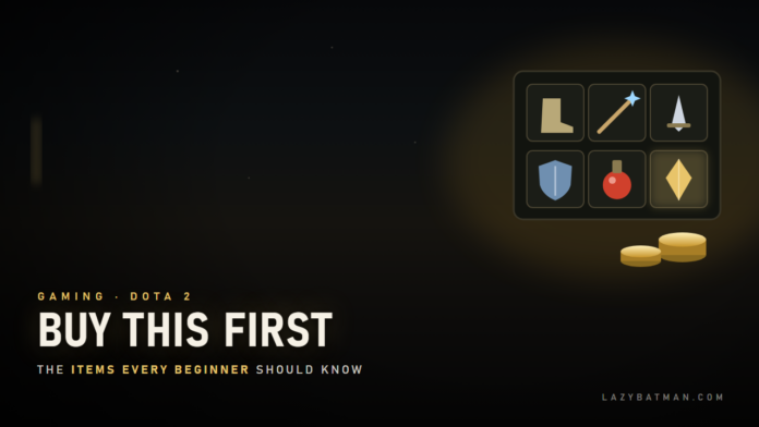 Dota 2 items for beginners featured image: a six-slot inventory with a boot, wand, dagger, shield, potion and ward crystal, beside gold coins