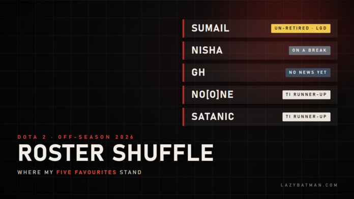 Dota 2 roster shuffle 2026 status board: SumaiL, Nisha, GH, No[o]ne and Satanic