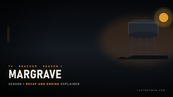 Reacher season 1 recap featured image: a small-town water tower against an orange sun