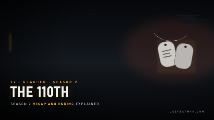 Reacher season 2 recap featured image: two military dog tags on a chain beneath a helicopter silhouette