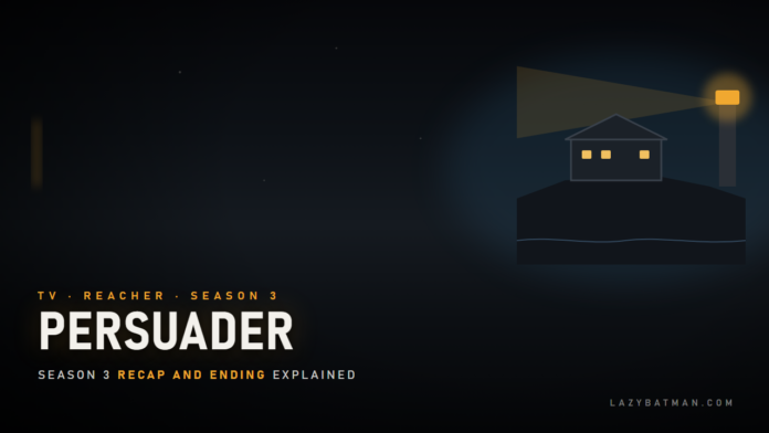 Reacher season 3 recap featured image: a lit house on a coastal cliff beside a lighthouse beam